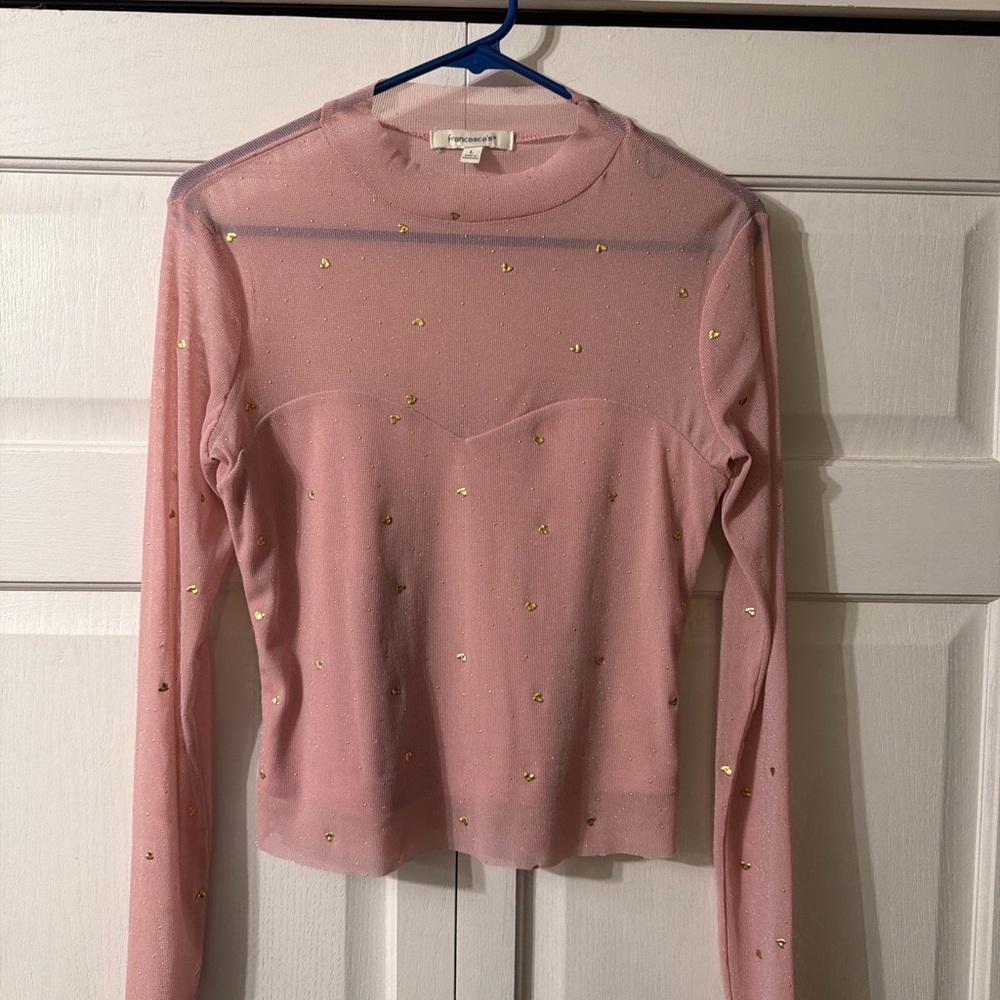 Francesca’s Pink Sheer Mesh Top Gold Heart Detail Size